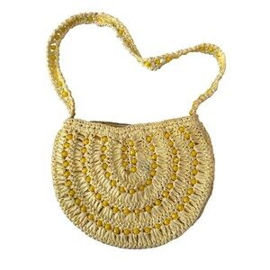 Vintage Made in Italy Raffia Beaded Shoulder Bag Yellow Boho Straw Purse 1960s